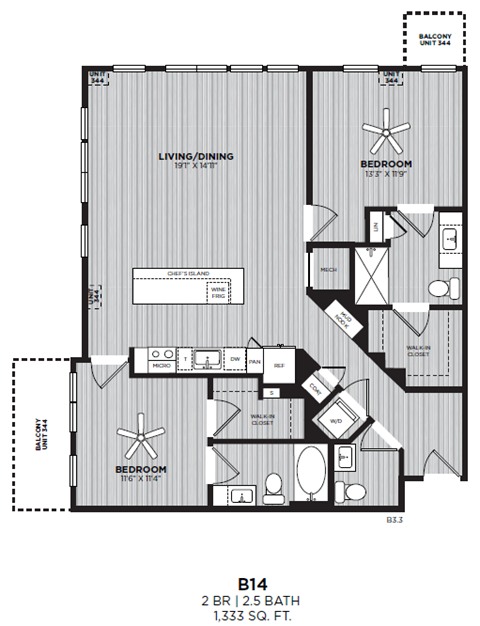 A black and white image of a floor plan for apartment B14 with two bedrooms, two bathrooms, and a living/dining area.